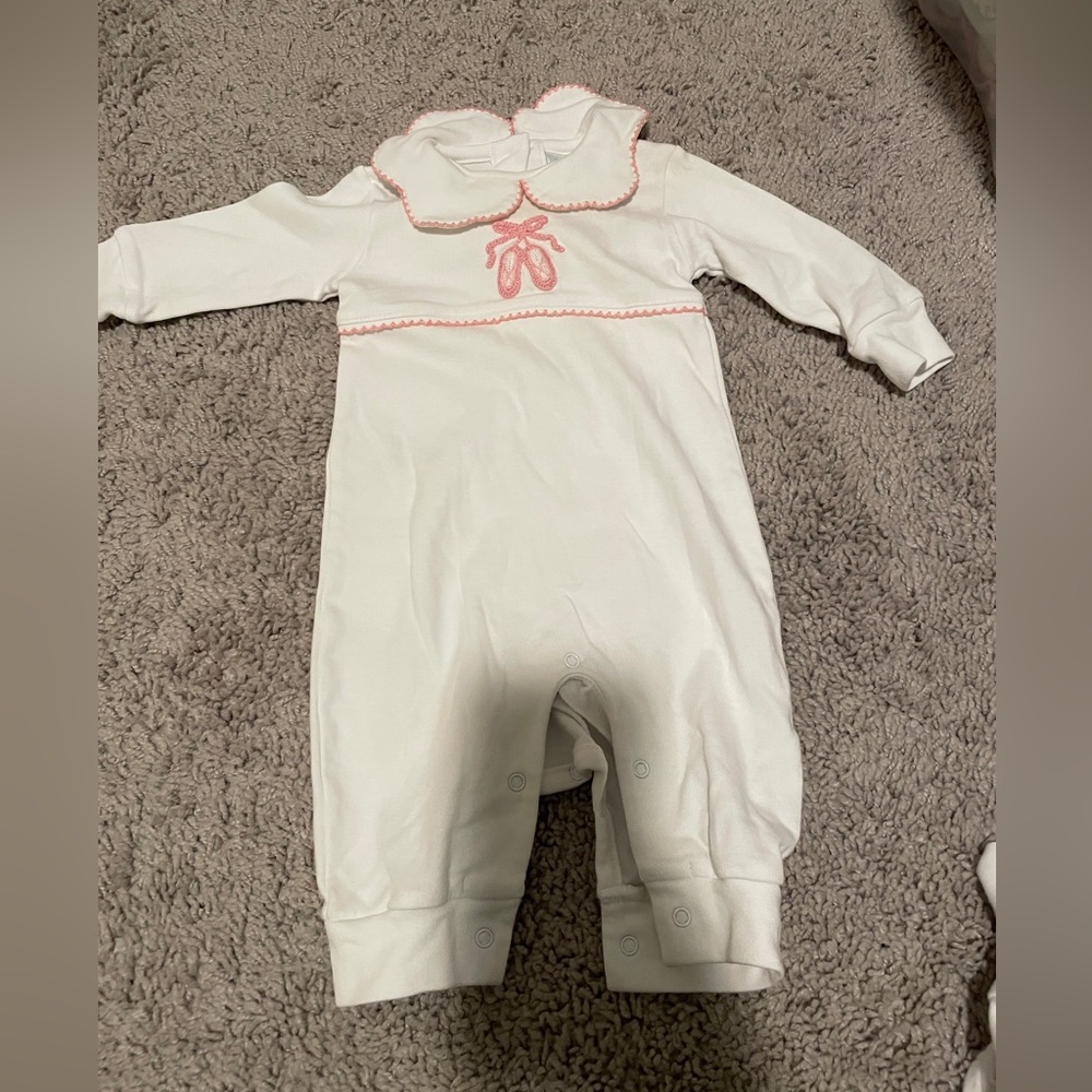 Little English White One-Piece with Pink Trim and Bow Embroidery